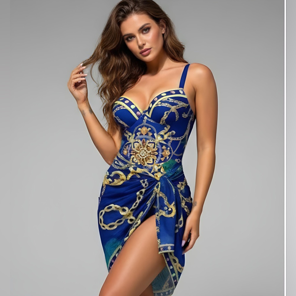 Blue Chain Print Push Up One Piece Swimsuit With Beach Skirt